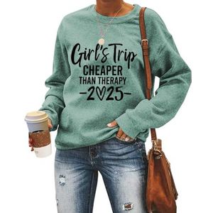 MLZHAN Meisjesreis Goedkoper Dan Therapie 2025 Print Vrouwen Sweatshirts Herfst Winter Lange Mouw Shirts Causale Camping Jas Tops, Lichtgroen, M