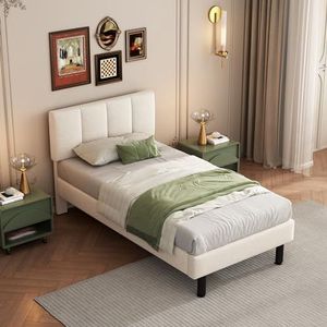 Aunvla Gestoffeerd bed, ijzeren poten, lattenbodem, eenvoudig design, 90 x 200, matras niet inbegrepen, sherpa-stof, beige