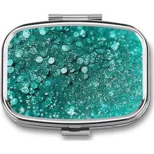 Turquoise glitter pillenetui met 2 compartimenten, pillenorganizer, draagbare vierkante pillendoos, vitaminepillenorganizer voor zakportemonnee en reizen