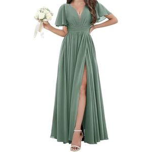 Chiffon bruidsmeisjesjurken voor dames, voor bruiloft, met split, avondgalajurken, cocktailjurken, grote maten, Eucalyptus, 32