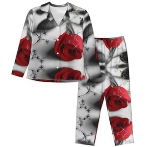 JEJEA Rode Rose2 print Comfy 2 Stuk Nachtkleding Lounge Set Pyjama Set Lange Mouw Nachtkleding Nachtkleding, Zwart, S