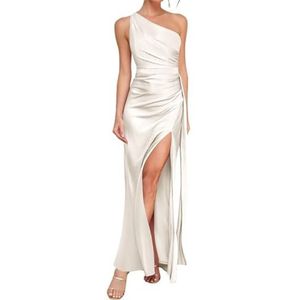 WSEYU Satijnen bruidsmeisjesjurk voor bruiloft met split avondgalajurken ruches cocktailjurk grote maten, Ivoor, 32