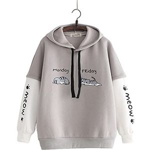 Mfacl schattige hoodies sweatshirt trui Japanse schattige gedrukte letters twee katten plus fleece hooded trui vrouwen vallen/winter 2021 dameskleding (Color : Grey, Size : One Size)