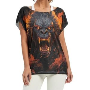 Fire Art Gorilla T-shirt voor dames, korte vleermuismouwen, ronde hals, losse tops voor meisjes, Patroon, XXL