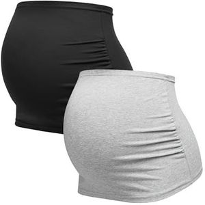 Herzmutter Zwangerschapsbuikband - Set van 2 - Katoen - Zwangerschapszwangerschapsbuikbands - Nierrugwarmer Shirtverlenging - Effen gestreept patroon - 6000 (Zwart/Grijs, XL)