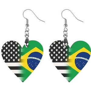 Zwart En Wit USA Braziliaanse Vlag Leuke Hartvormige Hanger Oorbellen Voor Vrouwen Lichtgewicht Houten Oorbellen Mode-sieraden Geschenken