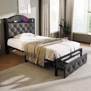 Aunvla Gestoffeerd bed met USB type C oplaadfunctie en laden, eenpersoonsbed, 90 x 200, opbergbedden, bedframe met lattenbodem van metalen frame, grijs (zonder matras)