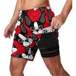 Boston Terrier Face Zwembroek voor heren, sneldrogend, 2-in-1 strandsportshorts met compressieliner en zak