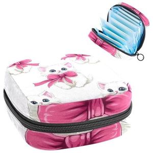 Draagbare maandverband Opbergtas, Menstruatiecup Pouch Vrouwelijke Menstruatie Pads Tas voor Tiener Meisjes, Tampons Eerste Periode Kit, Leuke Witte Katten met Roze Strikken