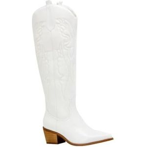 Lmtossey Retro Herfst En Winter Witte Knie Hoge Laarzen Grote Maat Vrouwen Comfortabele Western Cowboy Laarzen, Wit, 39 EU