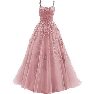 Beyonddress Avondjurk voor dames, kant, appliqué, lange spaghettibandjes, tule, formele jurk voor feestjes, roze (blush), 40