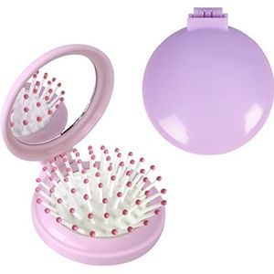 Opvouwbare haarborstel met spiegel, rond, compacte mini-massagekam, reisformaat voor meisjes en vrouwen (paars + roze)