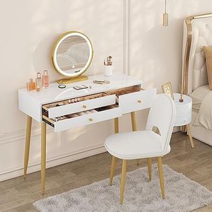 WOLTU kaptafel met verlichting, verstelbaar LED-spiegellicht, kaptafel met 3 laden, groot tafelblad 100x40 cm, make-uptafel met fluwelen kruk, wit+crème+goud, MB6105ws