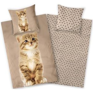 Aminata kids - Flanellen kinderbeddengoed Dekbedovertrek 135 x 200 cm, Schattig Kattenmotief voor Meisjes, Bruin, 100% Katoen, Ritssluiting, Warm, Zacht en Behaaglijk