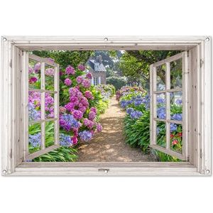 Tuinposter - 120x80 cm - Hortensia - Doorkijk - Bloemen - Zomer - Paars - Pad