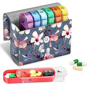 FINPAC Tablettenbox 7 dagen 4 vakken - pillendoos 4 keer per dag met kunstleren tas en naamkaart medicijnbox voor pillen, vitamine visolie voor 's ochtends, 's middags, 's avonds, bloeiende hibiscus