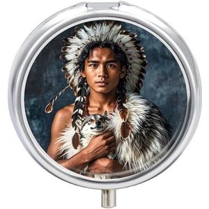 Inheemse volkeren en wolven pillendoos waterdichte draagbare geneeskunde pillendoosje vochtbestendig metalen pillendoosje met 3 compartimenten medicijnkoffer