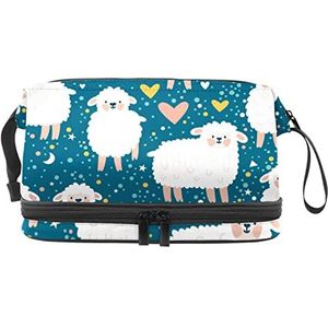 Dubbele Laag Cosmetische Tas Baby Schapen Wit Hart Sterren Navy Draagbare Make-up Tas Reizen Organizer Pouch Voor Vrouwen Meisjes Toiletartikelen Tassen, Meerkleurig, 27x15x14 cm/10.6x5.9x5.5 in, Make-up zakje