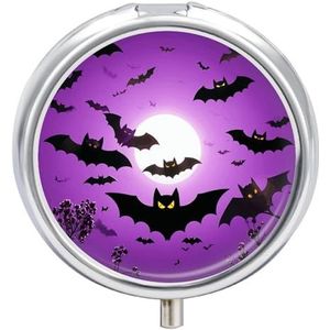 Halloween Vliegende Paarse Vleermuizen Pillendoos Ronde Draagbare Kleine Pil Case Waterdichte Reizen Pillendoos Organizer voor Pocket Portemonnee en Dagelijks Gemak