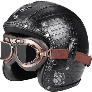 3/4 Half Helm Open Gezicht Motorfiets Half Helm Retro Motorhelm Jet Helm met Bril Retro Cruiser Chopper Scooter Open Gezicht Helm DOT/ECE Goedgekeurd O,XL=61-62cm