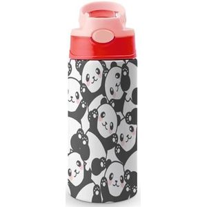 Cartoon Pandas 12oz waterfles met rietje koffie beker water beker roestvrij staal reizen mok voor vrouwen mannen roze stijl