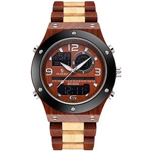 RORIOS Multifunctioneel houten kwartshorloge voor heren, met stopwatch, alarm, digitaal, handgemaakt houten horloge, lichtgevend horloge voor mannen, chronograaf, rood