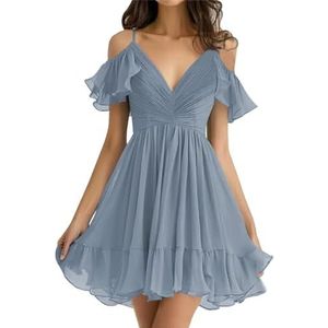 WSEYU Chiffon bruidsmeisjes jurken kort off-shoulder A-lijn ruches geplooide prom avondjurk, Dusty Blauw, 58/Meer