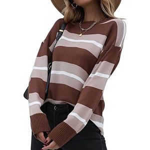 Gestreepte Damessweater, Damessweater met Ronde Hals, Koffiekleur, Zachte Stof Om Te Winkelen voor Werk (L)