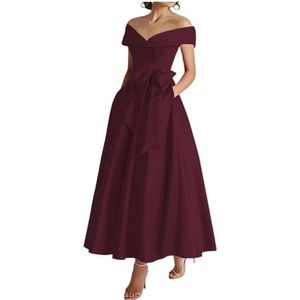 WSEYU Off Shoulder Moeder van De Bruid Bruidegom Jurken Satijn Boog Formele Avond Grootmoeder Jurken Thee Lengte ZM289, Bordeaux, 38