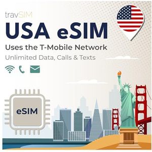 travSIM VS eSIM | T-Mobile Netwerk | Onbeperkt data, bellen en sms'en in de VS | eSIM voor de VS werkt op eSIM-compatibele iOS- en Android-apparaten | VS eSIM 14 dagen