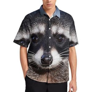 Northern Raccoon's Face Zomer Heren Shirts Casual Korte Mouw Button Down Blouse Strand Top met Zak XL