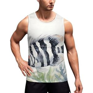 Zwart-wit Gestreepte Vis Heren Tanktops Mouwloos Casual Gym T-shirts Zomer Atletisch T-shirt