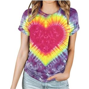 Dames T-shirt met batikpatroon, hart-afbeelding, Valentijnsdag, shirt, geliefden, geschenken, casual T-shirt met korte mouwen, Mosterd Geel Paars, XXL