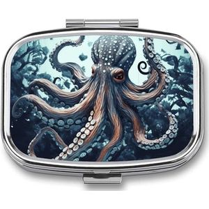 Cool Octopus pillenetui met 2 compartimenten, pillenorganizer, draagbare vierkante pillendoos, vitaminepillenorganizer voor zakportemonnee en reizen