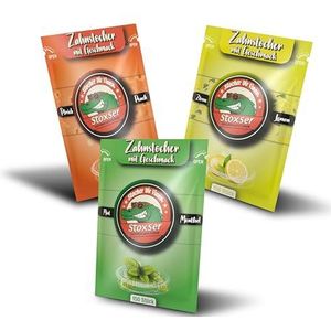 Stoxser 450 x tandenstokers met smaak, verpakking van 3 stuks, perzik, citroen, citroen en mint/menthol, smaakrevolutie, tandenstokers, smaak, geen kauwgom, ondersteunt tandpasta, tandzijde,