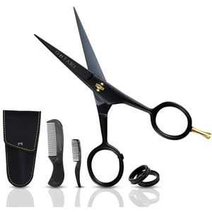 ONTAKI 5 inch Duitse baardschaar en snor schaar - 2 kammen (baardkam + snor kam) met draagtas - handgesmede baard trimschaar met vingersteun (zwart (410C Duits staal))