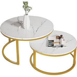 Moderne Nestbare Salontafelset, Ronde Salontafel MDF Faux Marmeren Blad Gebogen Ambachtelijk Gouden Frame Gratis Stretch Verbreed Stalen Frame voor Woonkamer, Kantoor, Balkon