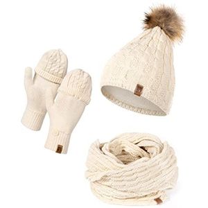 HEYO Muts sjaal handschoen set voor dames | gevoerde wintermuts met pompon van imitatiebont | grote loopsjaal | gebreide vingers/vingerloze winterhandschoenen voor touchscreen, beige