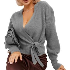 Oversized V-hals Trui for Dames, Gebreide Top Van Wolmix Met Wikkelriem en Cropped Zoom(Gray,XL)