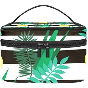 Fruit Citroen Blauw Make-up Tas voor Vrouwen Meisjes Cosmetische Tassen met Handvat Reizen Make-up Organizer Tas, Streep Citroen Bladeren, 8.9x5.9x5.4 Inches, Make-up zakje