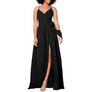 HPPEE Damesjurk met spaghettibandjes, V-hals, chiffon, bruidsmeisjesjurk, mouwloos, formele avondjurk, Zwart, 32