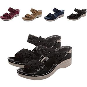 LaoSShu Dames wig orthotische sandalen, comfortabele slippers met boogondersteuning, vintage bloem zomer casual sleehak sandalen schoenen (kleur: zwart # 1, maat: 43)