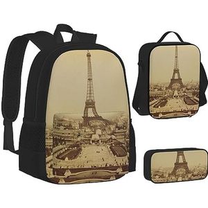 BTCOWZRV 3-pack canvas Eiffeltoren rugzak, schoudertas voor dames en heren, met lunchbox etui