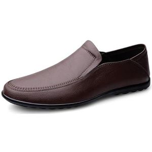 Loafers for heren Effen kleur PU-leer Loaferschoenen met ronde neus Flexibele antislip Platte hak Bruiloft Casual instappers (Color : Dark brown, Size : 44.5 EU)