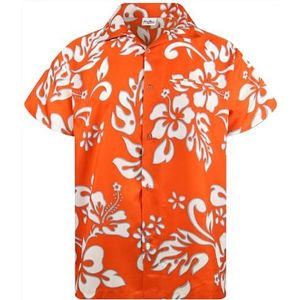King Kameha Funky Hawaïhemd voor heren, korte mouwen, voorzak, party, palmbladeren, hibiscus print, Hibiscus-oranje, L