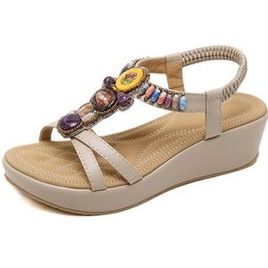 2024 Nieuwe Sandalen Met Parels Dames Retro Sleehak Sandalen Zomer Peep Toe Slippers Platform Romeinse Sandalen for Binnen Buiten Vrije Tijd Boho Strandschoenen(Beige,39 EU)