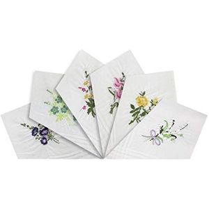 Pack van 6 Dames/Dames Witte Zakdoeken, Bloemen Geborduurde Collectie Met Satijn Streep Randen, 100% Katoen, 29 x 29cm, Wit, one size