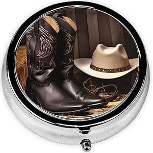 Cowboy Zwarte Hoed Western Boots1 Pillendoos 3 Compartimenten Geneeskunde Pil Case Draagbare Geneeskunde Tablet Houder Organizer voor Portemonnee Pocket Reiscadeau
