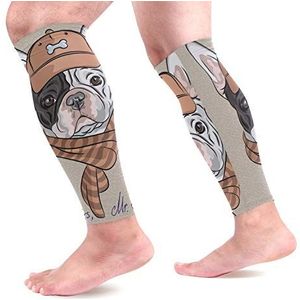 EZIOLY Cartoon Hipster Hond Franse Bulldog Ras Sport Kalf Compressie Mouwen Been Compressie Sokken Kalf Guard voor hardlopen, Fietsen, Moederschap, Reizen, Verpleegkundigen