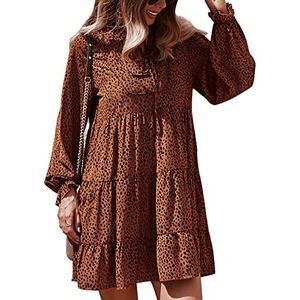 Jurk, Hoge Taille, Lange Lantaarnmouwen, Losse Herfstjurk, Gebloemde Zoom met Ruches voor Reizende Dames (S)